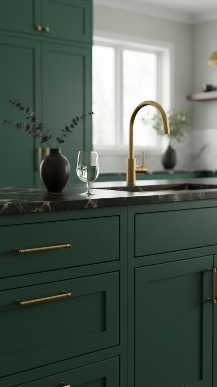 Luxurious emerald green shaker kitchen cabinets with matte finish, brass pulls, and dark marble countertop under soft natural light.