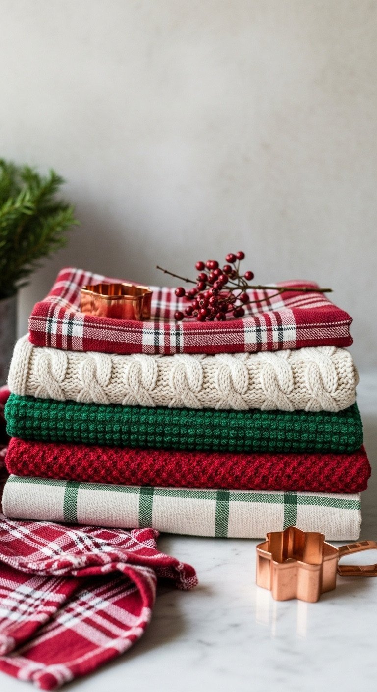7 Genius Christmas Kitchen Restock Ideas For Cozy Hosts 5 Luxurious festive kitchen linens: stack of cranberry red and forest green holiday dish towels on marble. Cozy home decor.