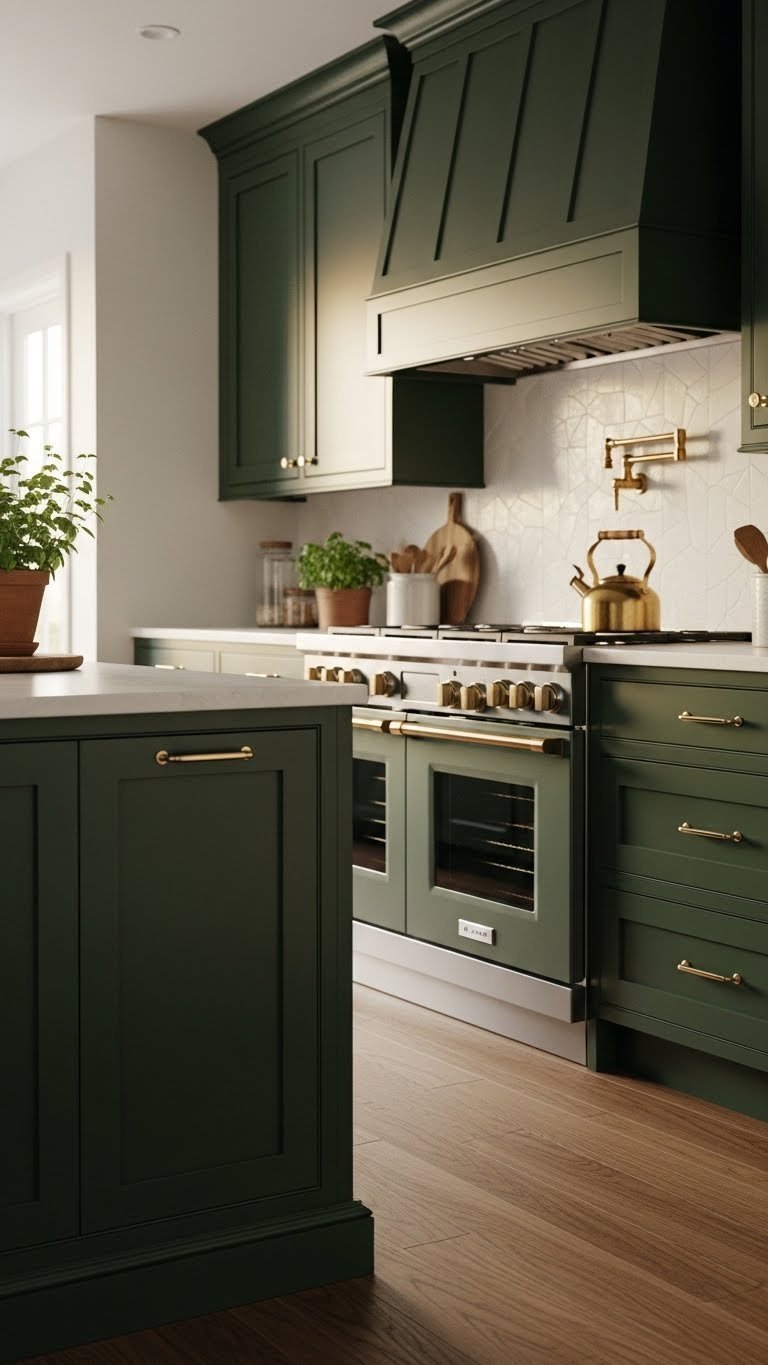 Luxurious forest green kitchen cabinets with warm wood flooring, brass fixtures, and organic accents for cozy design.