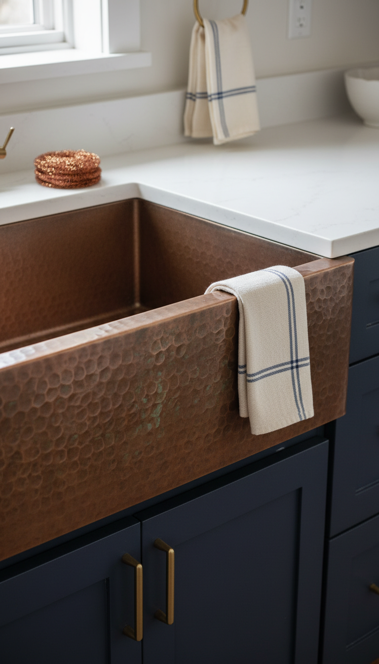 Luxurious hammered copper farmhouse sink with natural patina, set in a white quartz countertop and dark kitchen cabinets.
