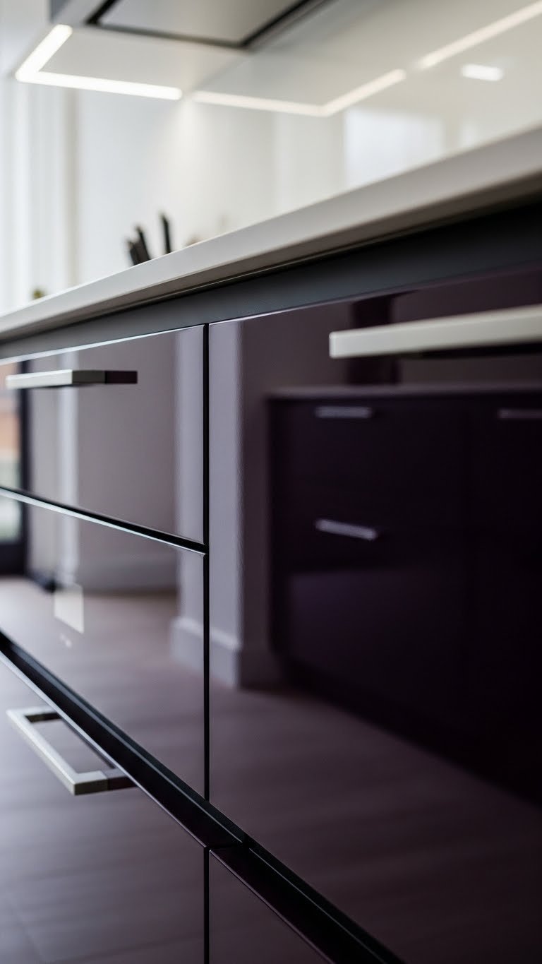 Luxurious high gloss dark lacquer kitchen cabinets reflecting light, with sleek metal handles and smart home features.