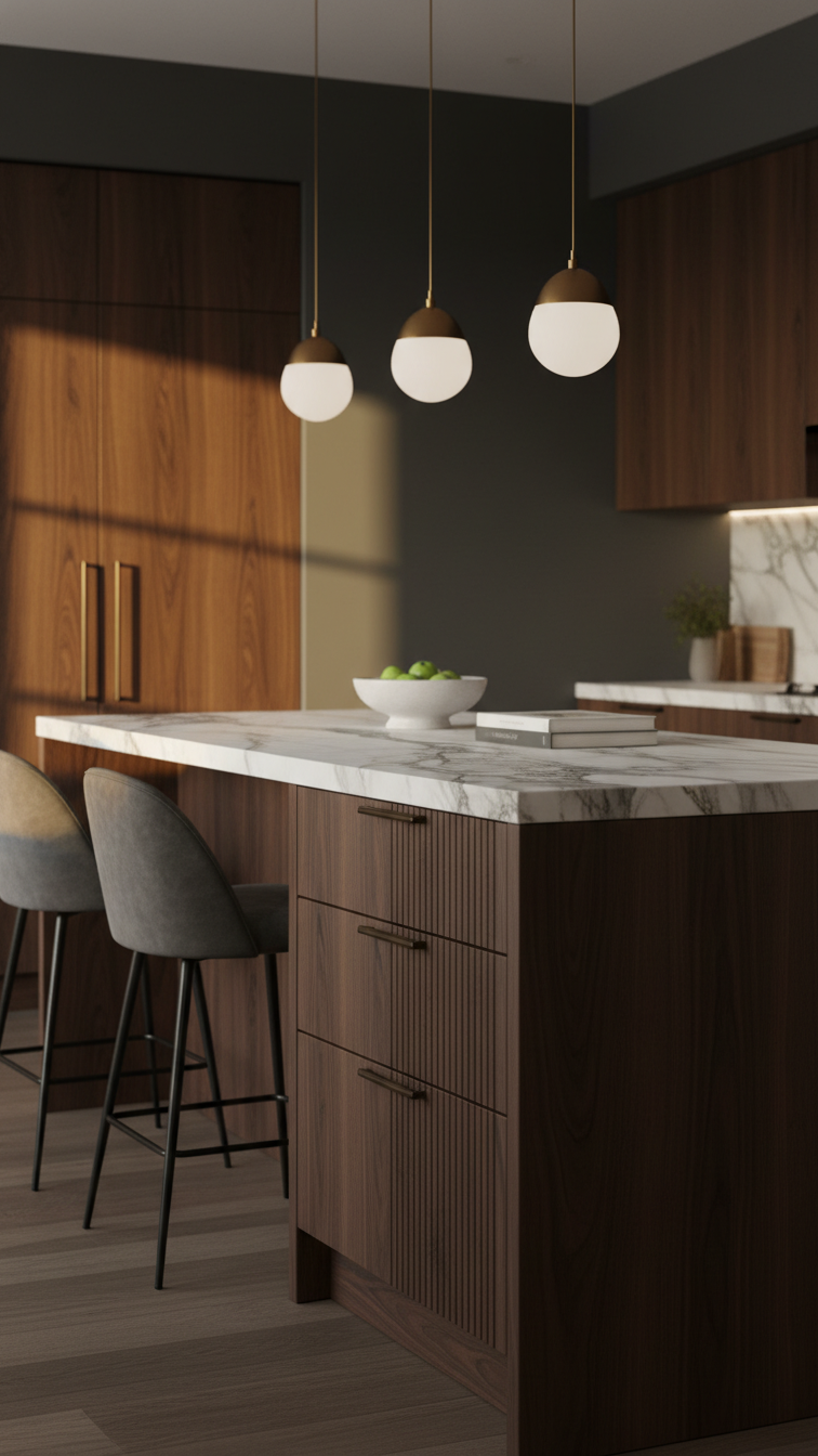Luxurious kitchen island with dark walnut base, bespoke joinery, light marble top, bar stools, pendant lighting, golden hour glow.
