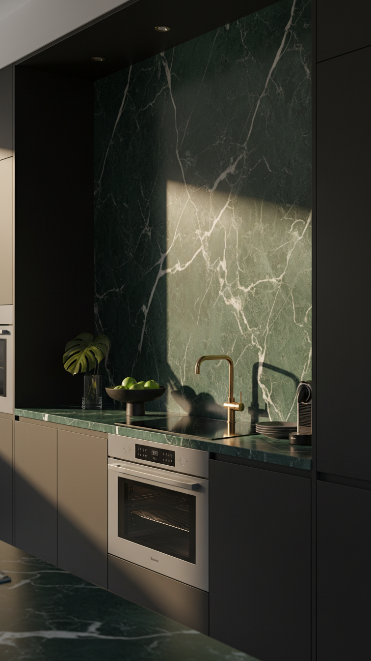 Luxurious kitchen with deep forest green marble slab backsplash featuring intricate white veining, seamlessly flowing to ceiling.