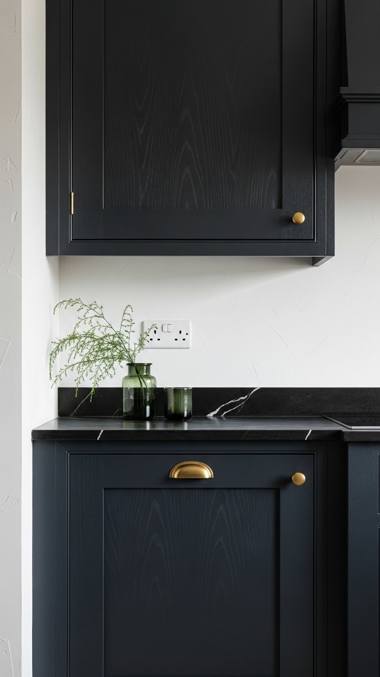 Luxurious matte black Shaker kitchen cabinets, gold hardware, green plant, soft natural light. Modern interior design.