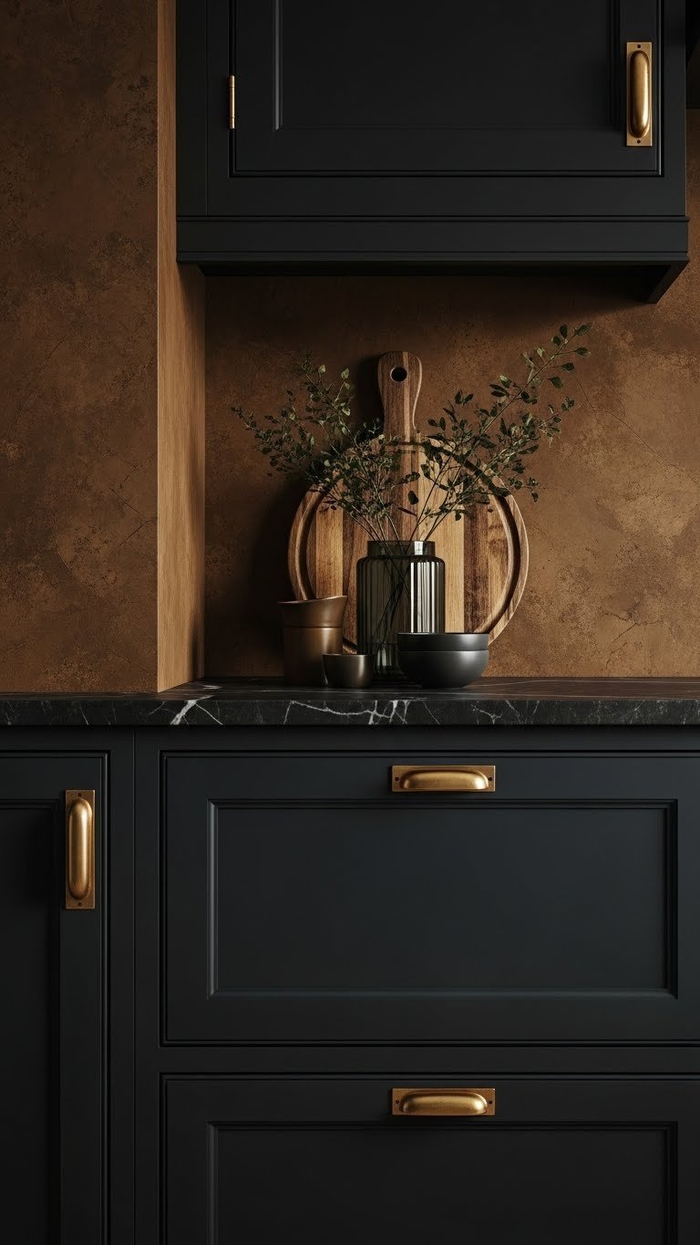 Luxurious matte black kitchen cabinets with aged brass hardware and dark marble, illuminated by soft window light on a textured wall.