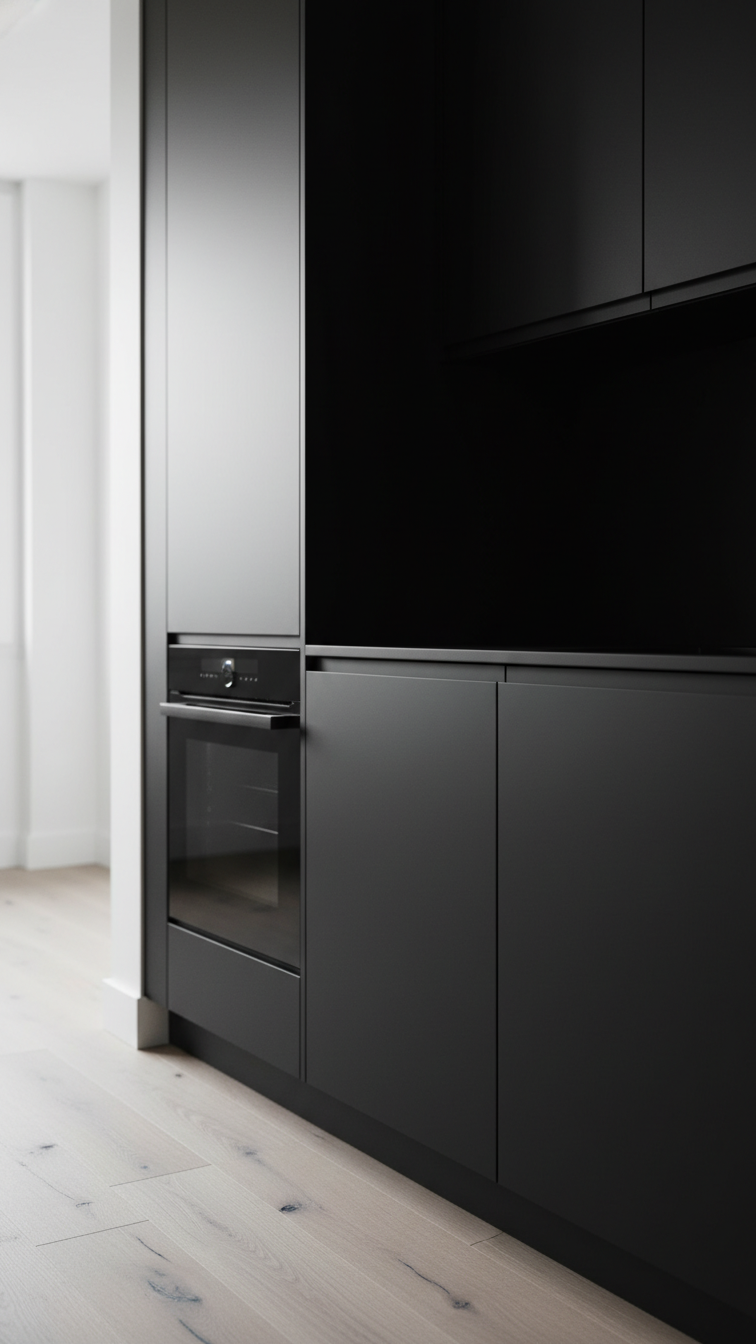 Luxurious matte black shaker kitchen cabinets with a subtle dark oven door, elegant white oak floor, creating a sophisticated kitchen design.