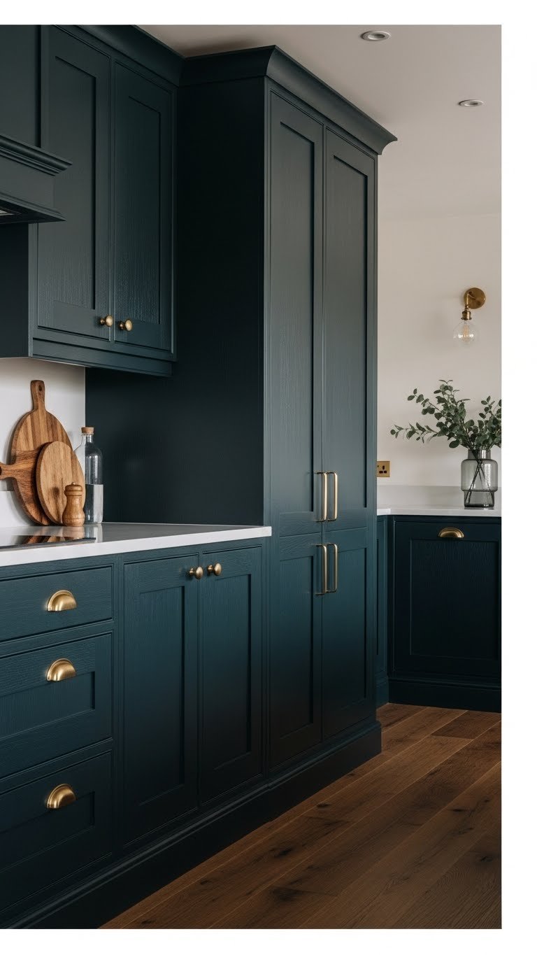 Luxurious matte navy or forest green shaker kitchen cabinets with dark hardware, gold accents, and oak flooring, bathed in soft natural light.