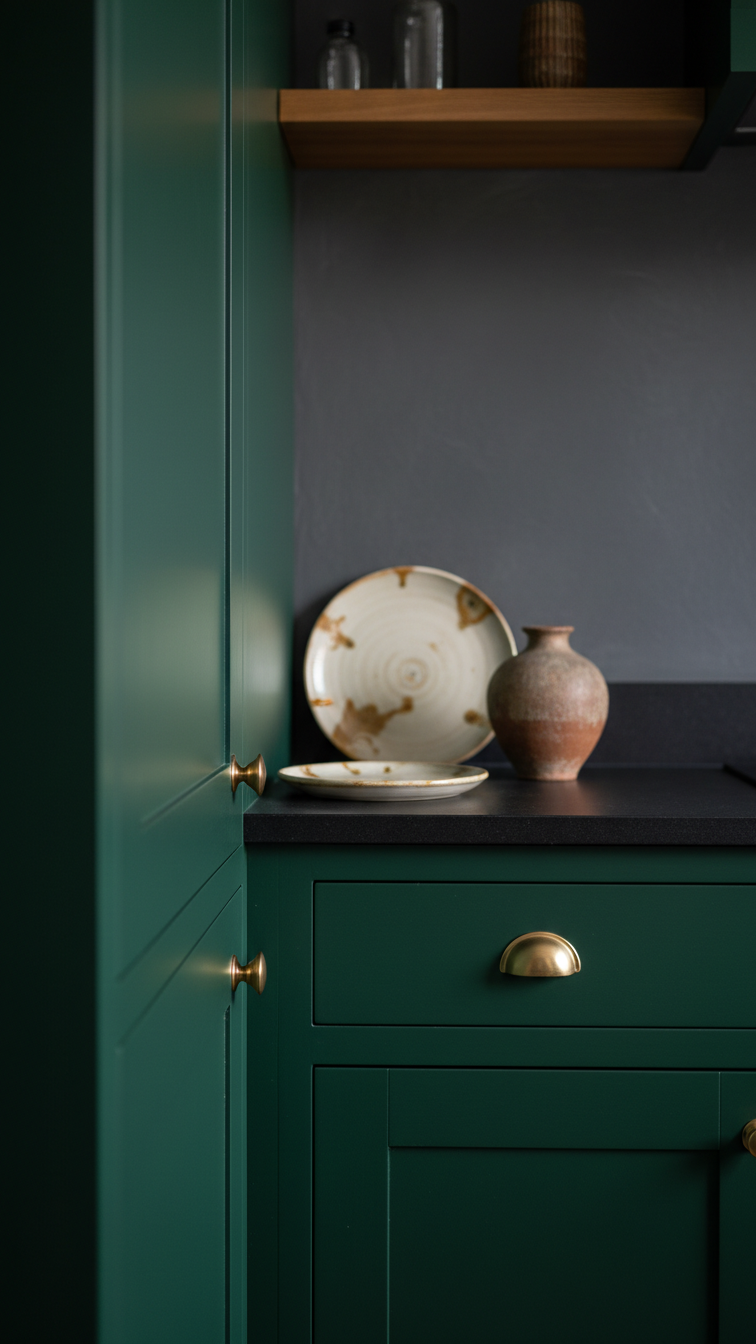 Luxurious moody kitchen decor with deep emerald green cabinets, elegant brass hardware, and antique pottery on a dark matte wall.