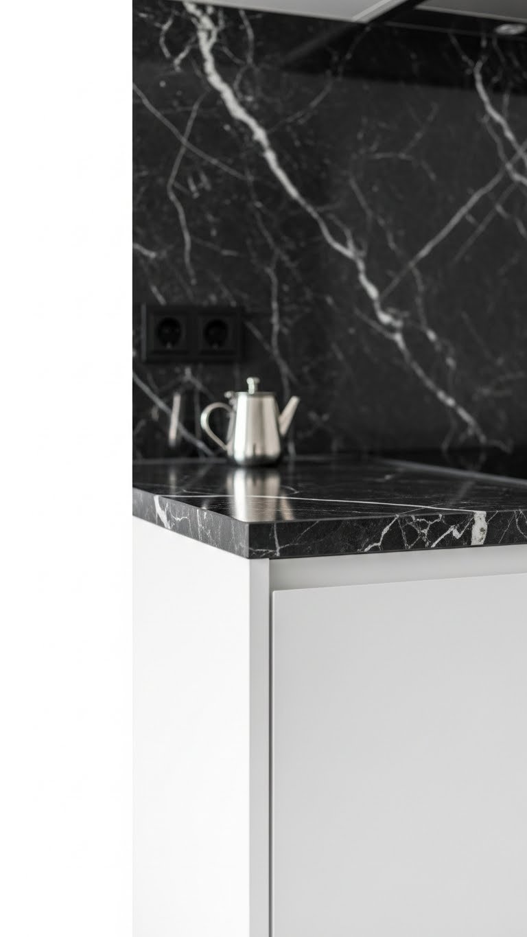 Luxurious moody kitchen: sleek white cabinets, dramatic black countertop, matching backsplash, matte black faucet, elegant modern design.