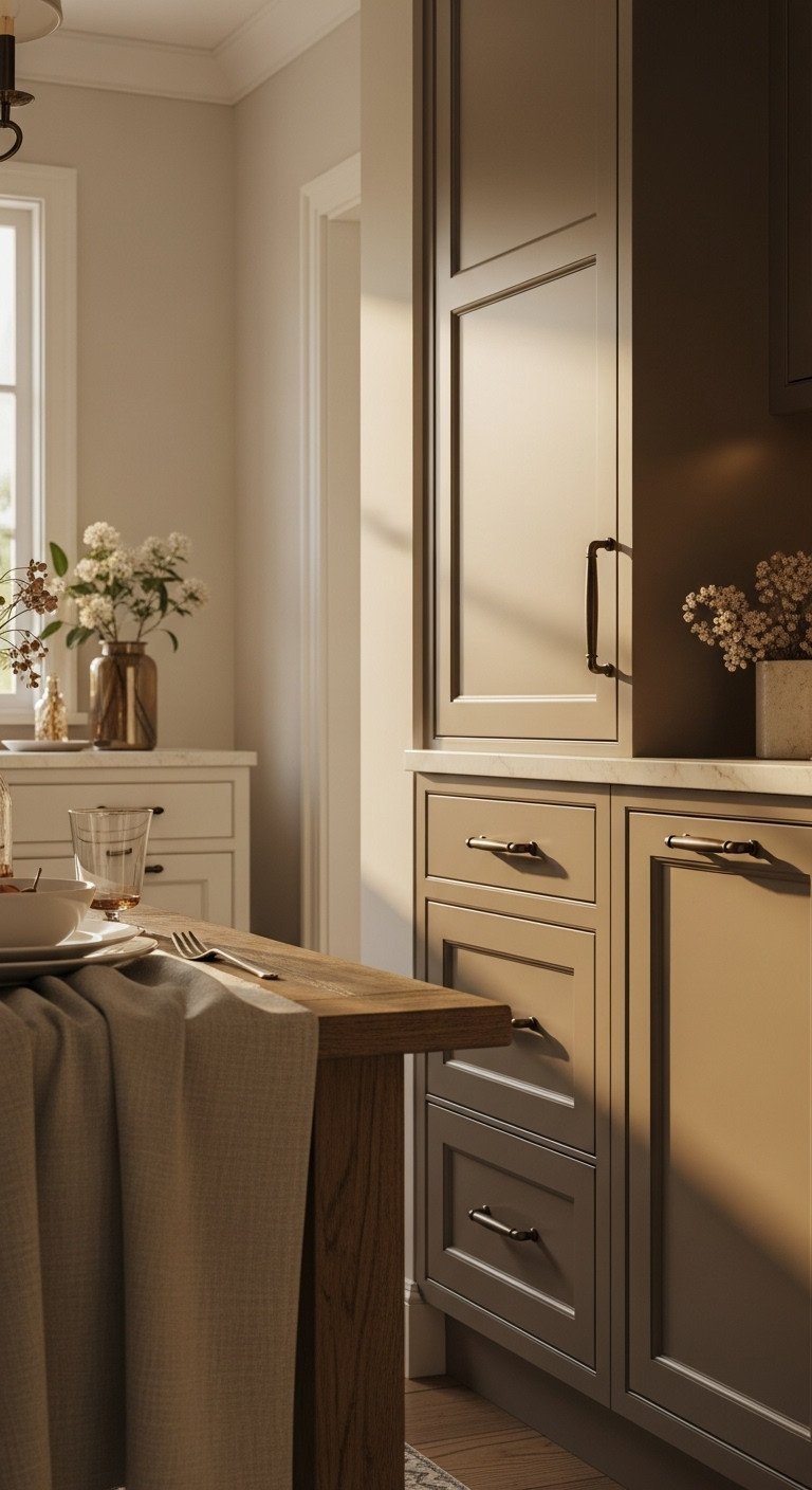 Luxurious transitional kitchen with deep warm taupe cabinets, oil-rubbed bronze hardware, rustic table, floral accents. Elegant design.