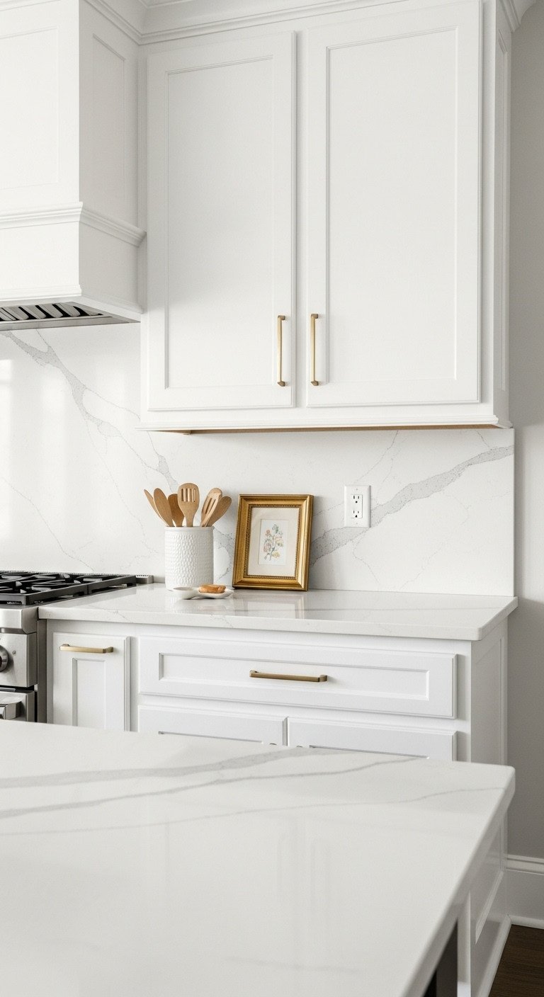 Luxurious white kitchen featuring a full-height solid slab quartz backsplash with subtle veining, gold hardware, and elegant accents.