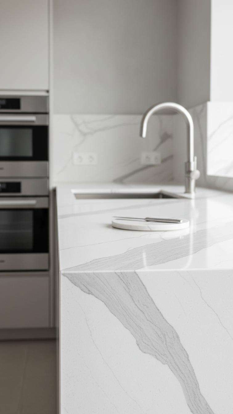 Luxury L-shaped kitchen countertop detail: seamless sintered stone backsplash, waterfall edge, and sleek modern faucet. Crisp white and gray marbling.