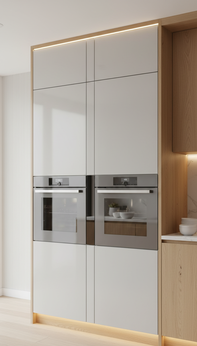 Luxury apartment kitchen with seamless integrated appliances: concealed refrigerator, freezer, double oven in sleek white handleless custom cabinetry and LED lighting.