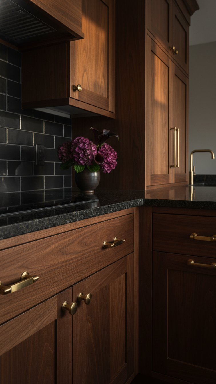 Luxury dark walnut kitchen with black matte backsplash, dark stone countertop, and brass hardware. Elegant modern design.