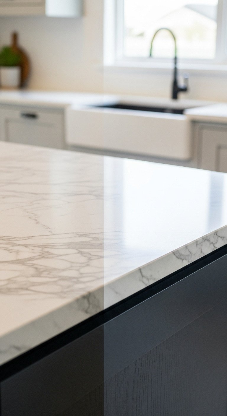Luxury kitchen detail: Carrara marble, quartz waterfall edge. Dark matte cabinet, designer faucet. White, gray, cream tones.