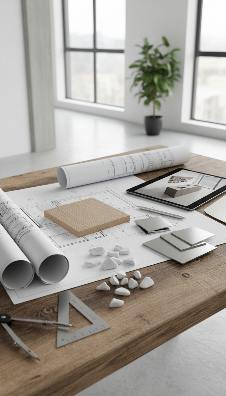 Luxury kitchen planning: architectural blueprints, material samples (wood, marble, steel), 3D renderings, and drafting tools on wood.