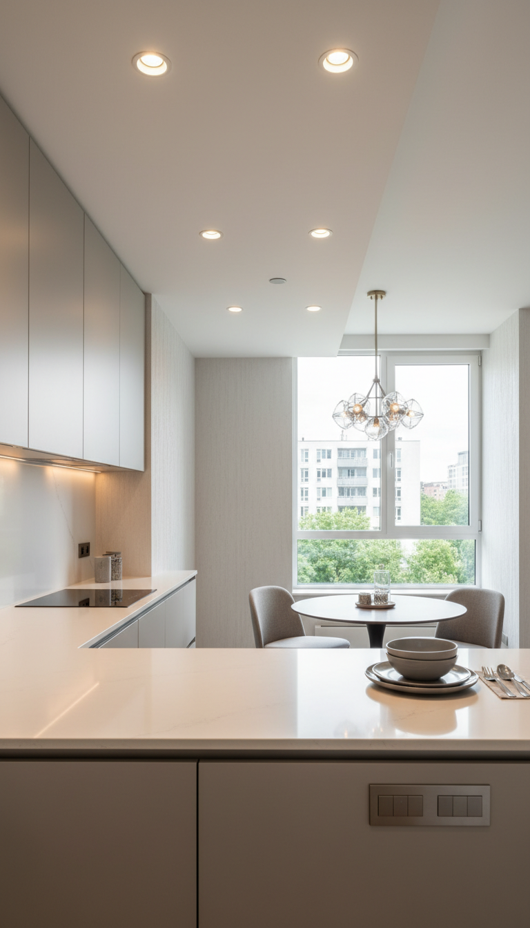 Luxury kitchen with architectural lighting: recessed downlights, under-cabinet strips, and a statement pendant over dining, defining zones.