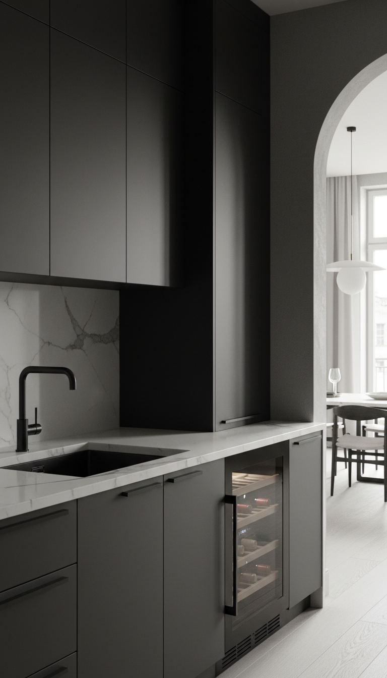 Luxury kitchen with dramatic matte black cabinetry, light gray marble countertop, black stainless steel hardware, and integrated wine chiller.