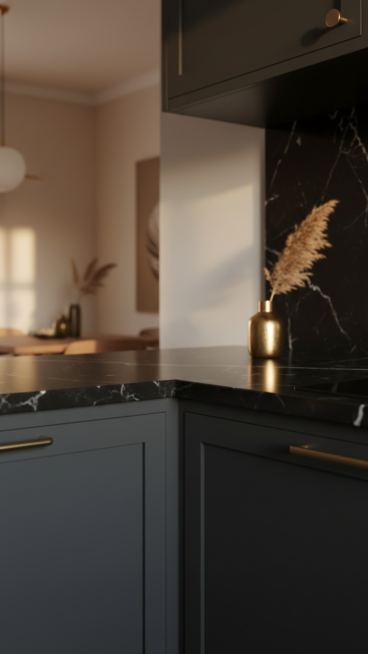 Luxury moody kitchen with matte black cabinetry, polished black marble countertop, subtle white veining, and elegant brass accents in golden hour light.