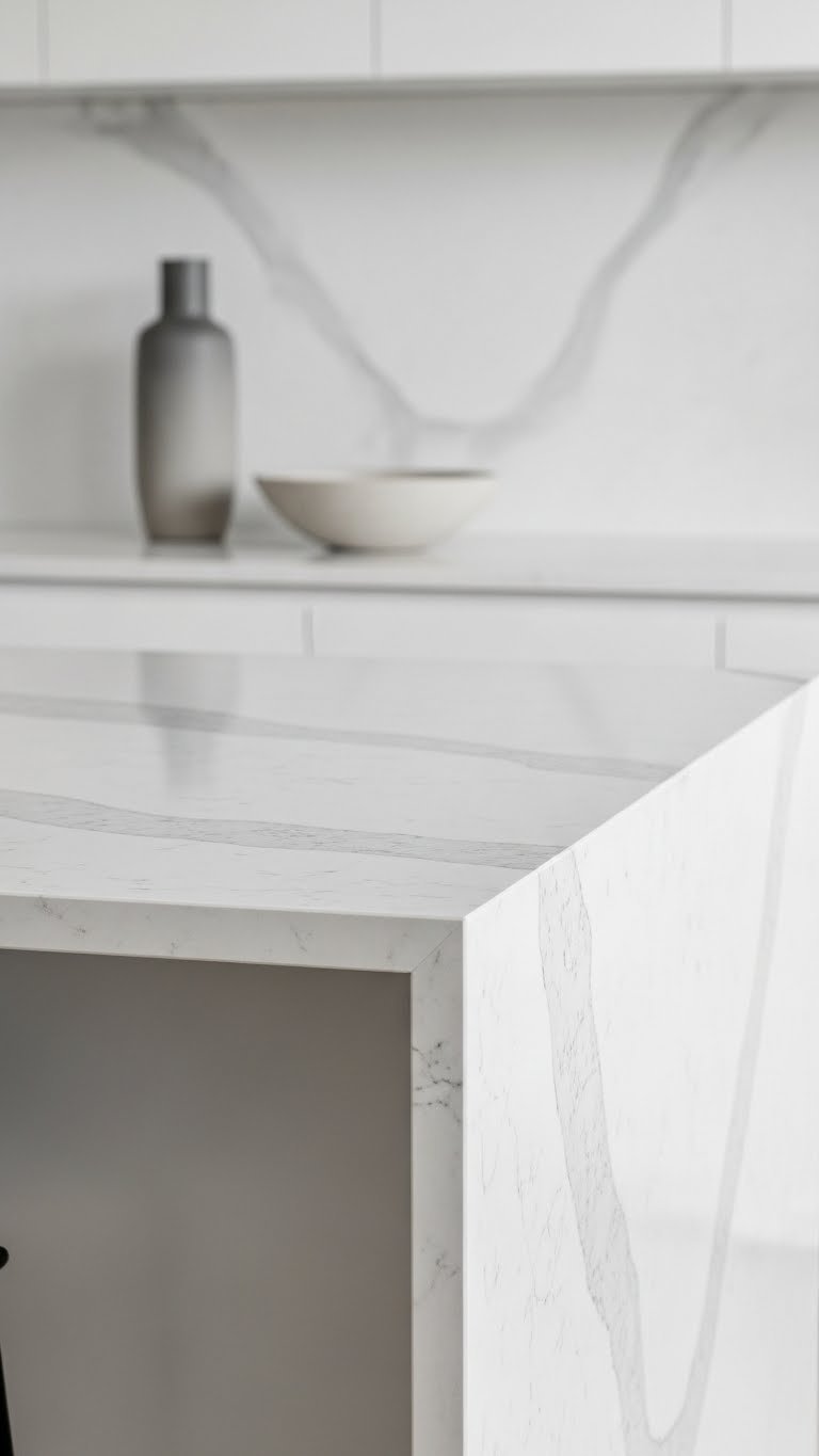 Luxury waterfall edge kitchen island countertop, quartz/marble with unique veining. White, soft gray, modern seamless design.