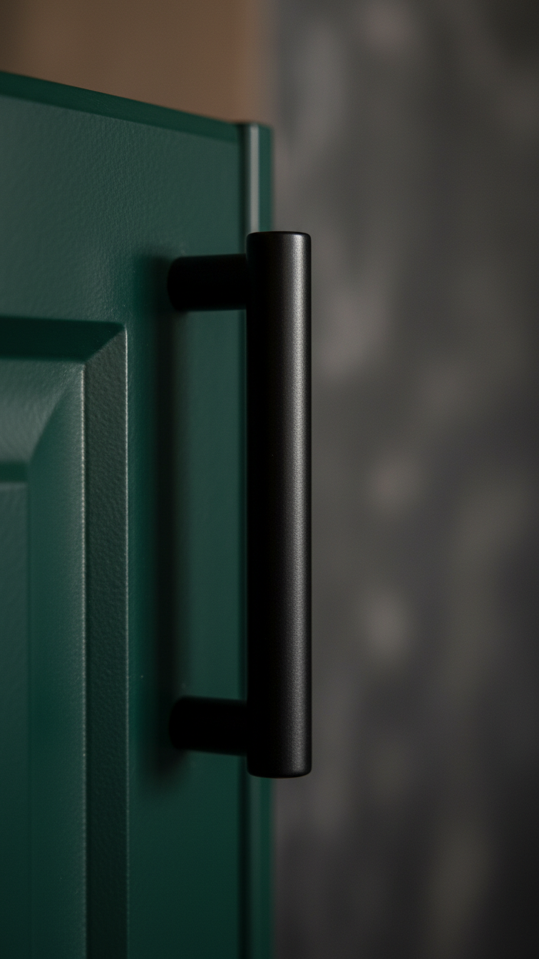 Macro close-up of a matte black pull handle on a deep emerald green cabinet door, highlighting the metal's texture.