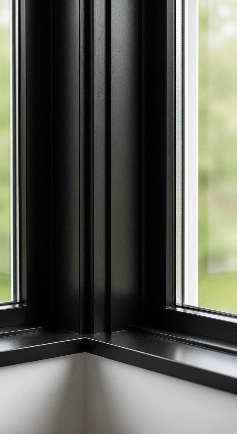 Macro detail of a modern kitchen window with bold, matte black painted trim contrasting sharply with a white wall.