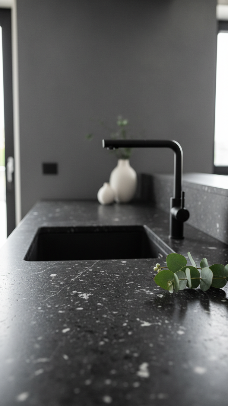 Macro detail of dark honed black granite countertop, matte black sink, sleek modern touchless faucet, and greenery.