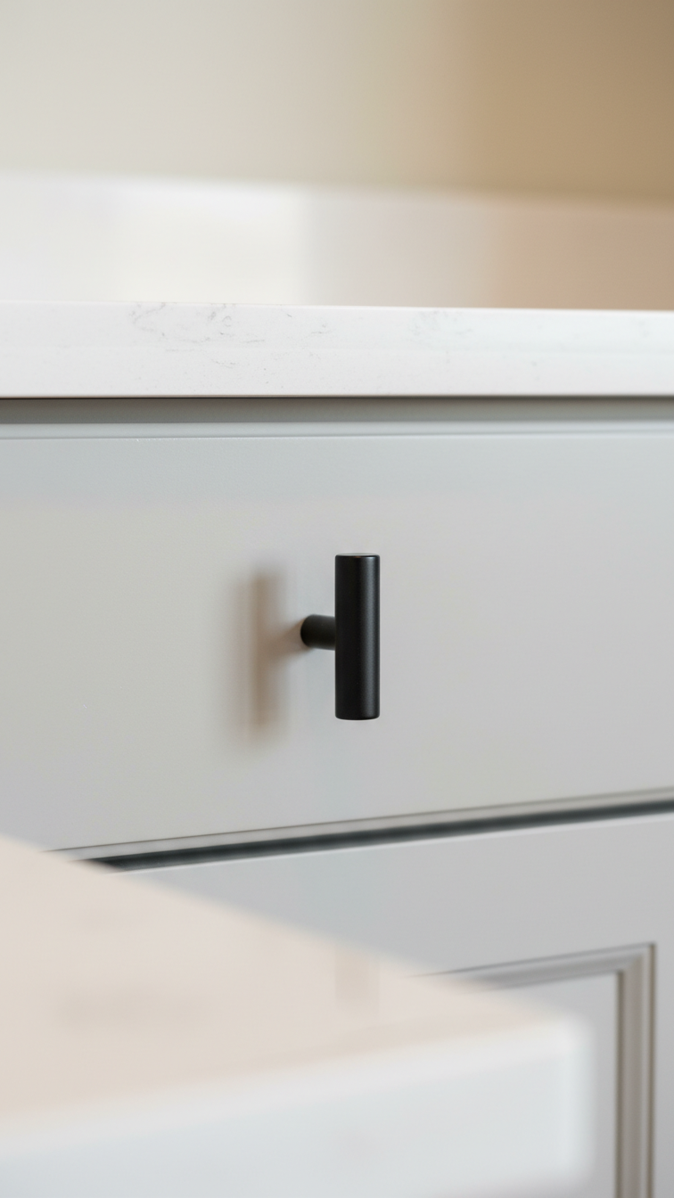 Macro of a matte black cabinet pull on a white Shaker kitchen cabinet door, highlighting modern contrast and texture.