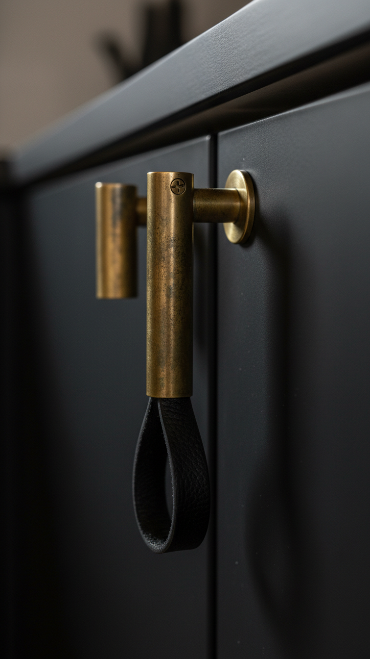 Boho Moody Kitchen: Ultimate Guide &Amp; Stunning Design Ideas 9 Macro of patinated brass cabinet pull on a deep charcoal kitchen cabinet door, showing texture. Elegant boho kitchen hardware detail.