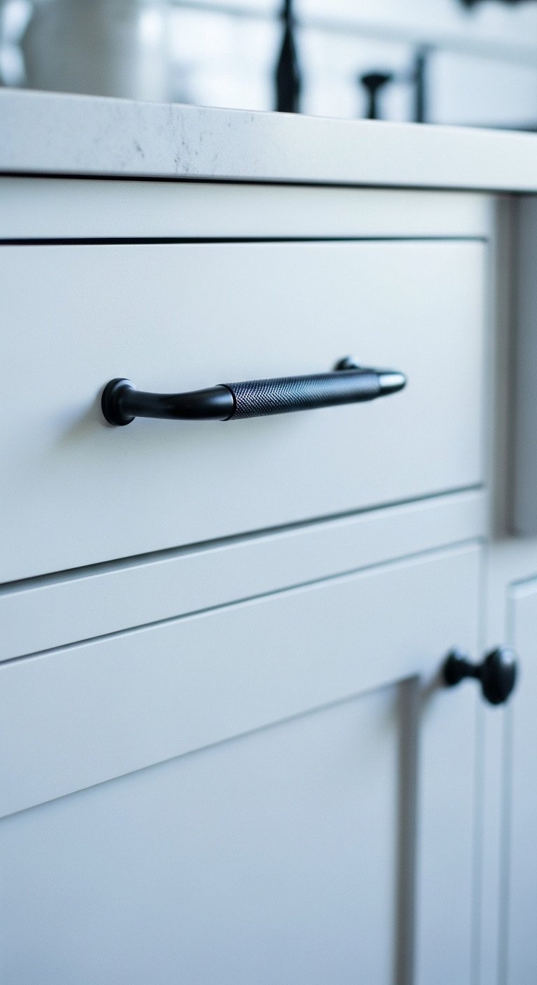 Macro photo of a minimalist matte black pull handle installed on a clean, white Shaker-style kitchen cabinet drawer front.