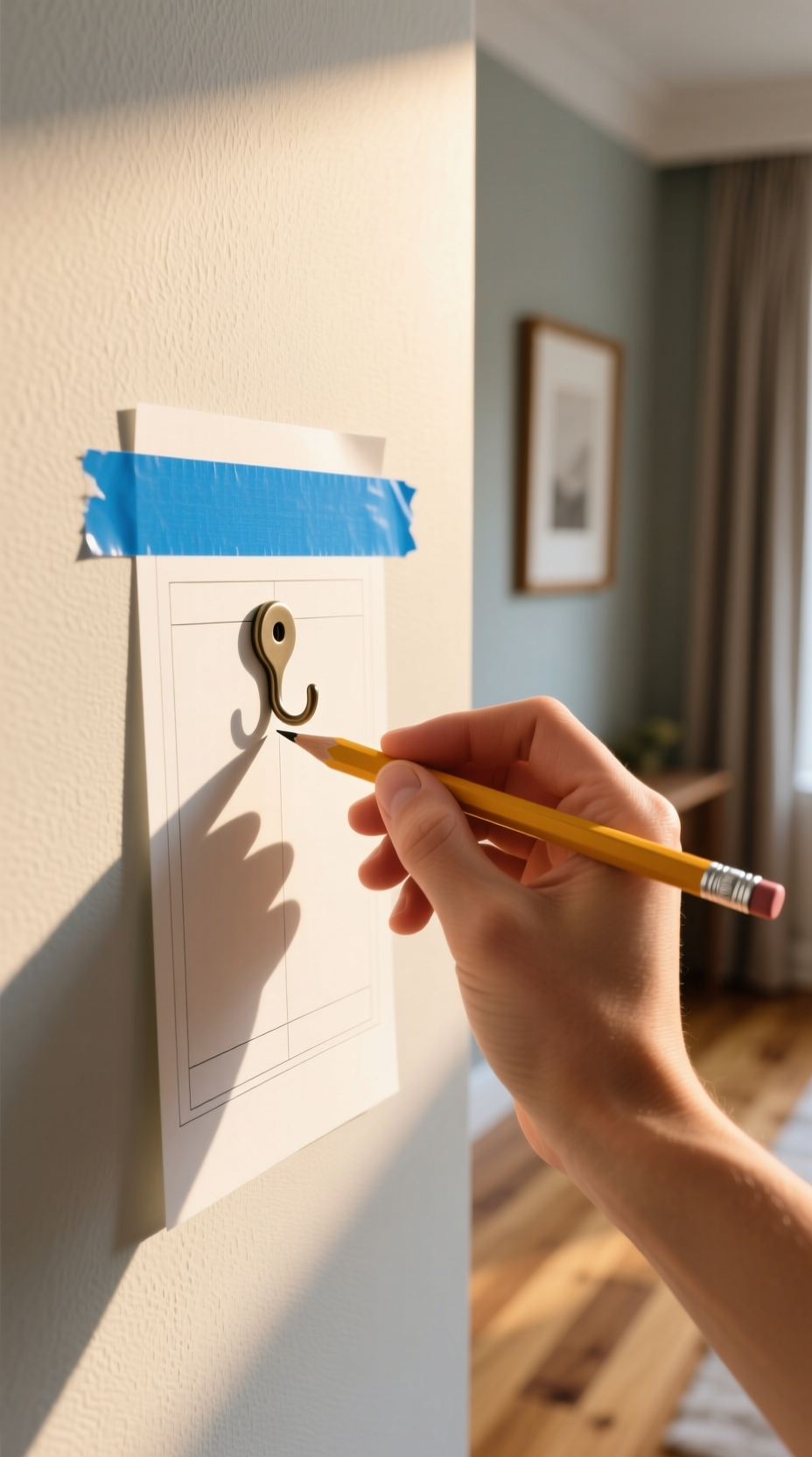 How To Hang Plates On A Wall A Step By Step Visual Guide 9 Macro shot of a hand using a pencil to mark the nail spot through a plate hanger onto a paper template on the wall.