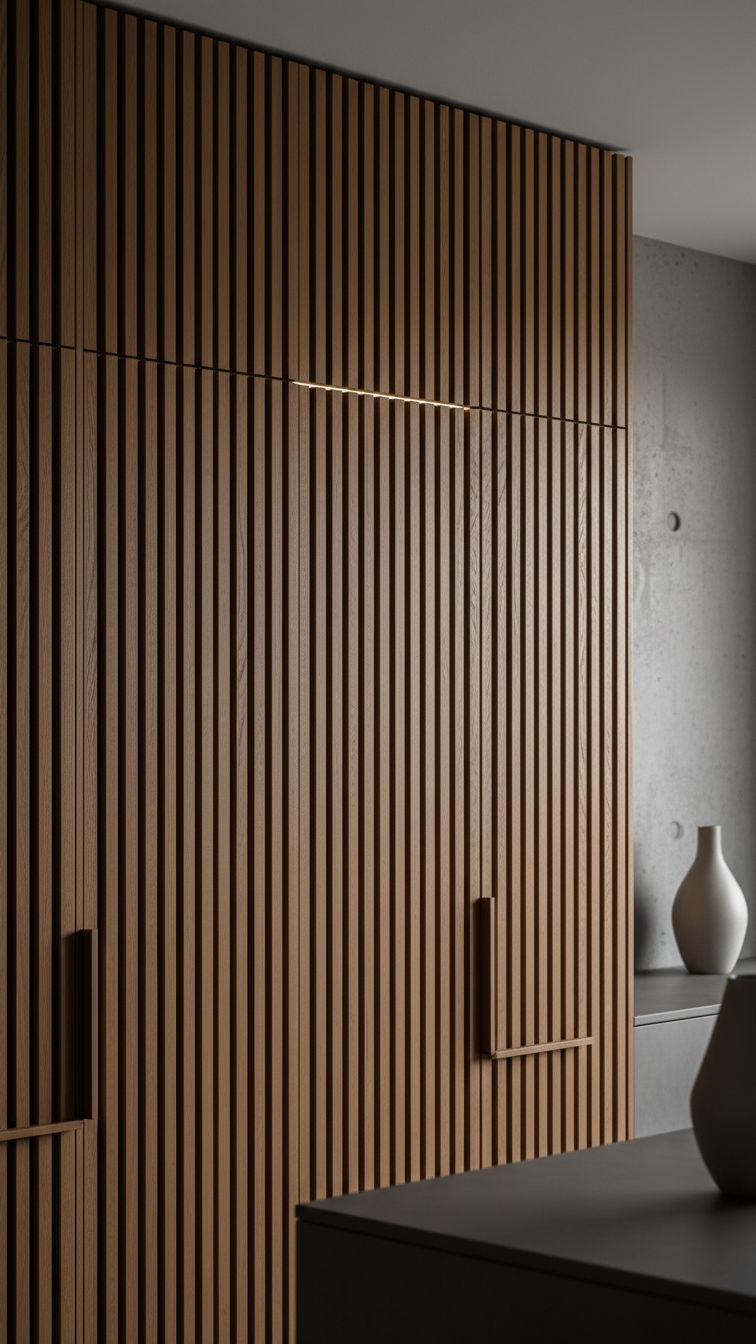 Macro shot of modern slatted wood kitchen pantry doors, showcasing deep textures, geometric patterns, and integrated lighting.