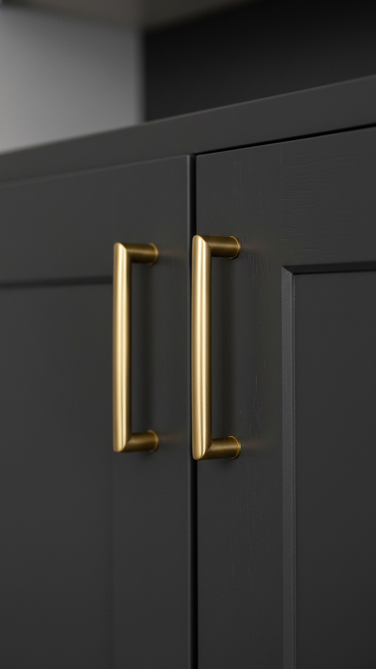 Macro shot of opulent unlacquered brass handle and pull on deep matte charcoal gray kitchen cabinet, showcasing texture.