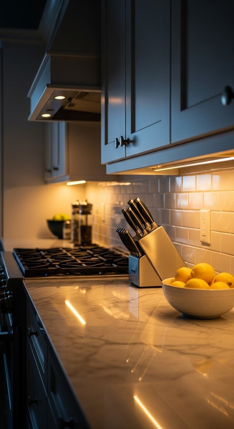 Marble kitchen countertop and tile backsplash illuminated by warm under-cabinet LED lighting, creating an elegant, cozy ambiance.