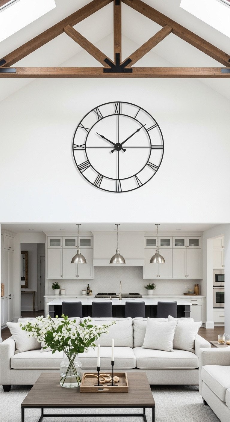 Massive 40-inch minimalist wall clock with a thin black frame as a statement piece on a white wall in a grand kitchen.