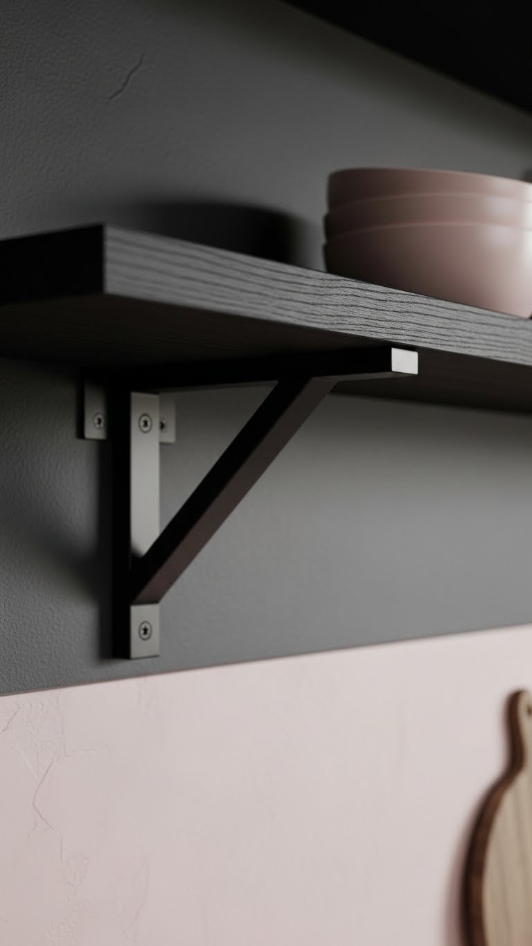Moody Kitchen Open Shelving: 9 Genius Styling Ideas 13 Matte black floating shelf bracket system supporting a dark wood shelf against a charcoal wall, highlighting sleek modern design.
