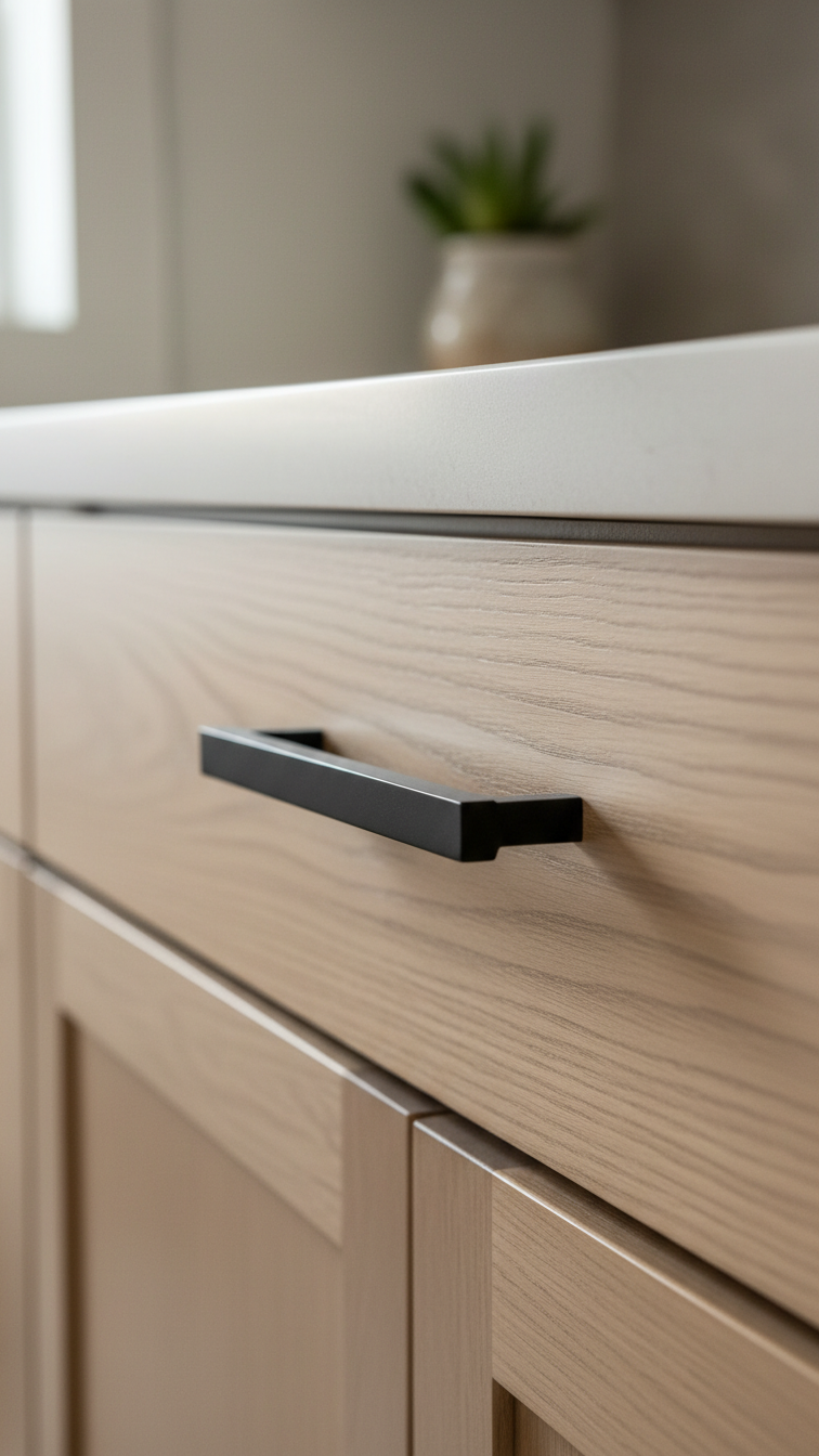 Matte black handle hardware on a seamless knotless white oak natural wood cabinet door. Sophisticated kitchen detail.