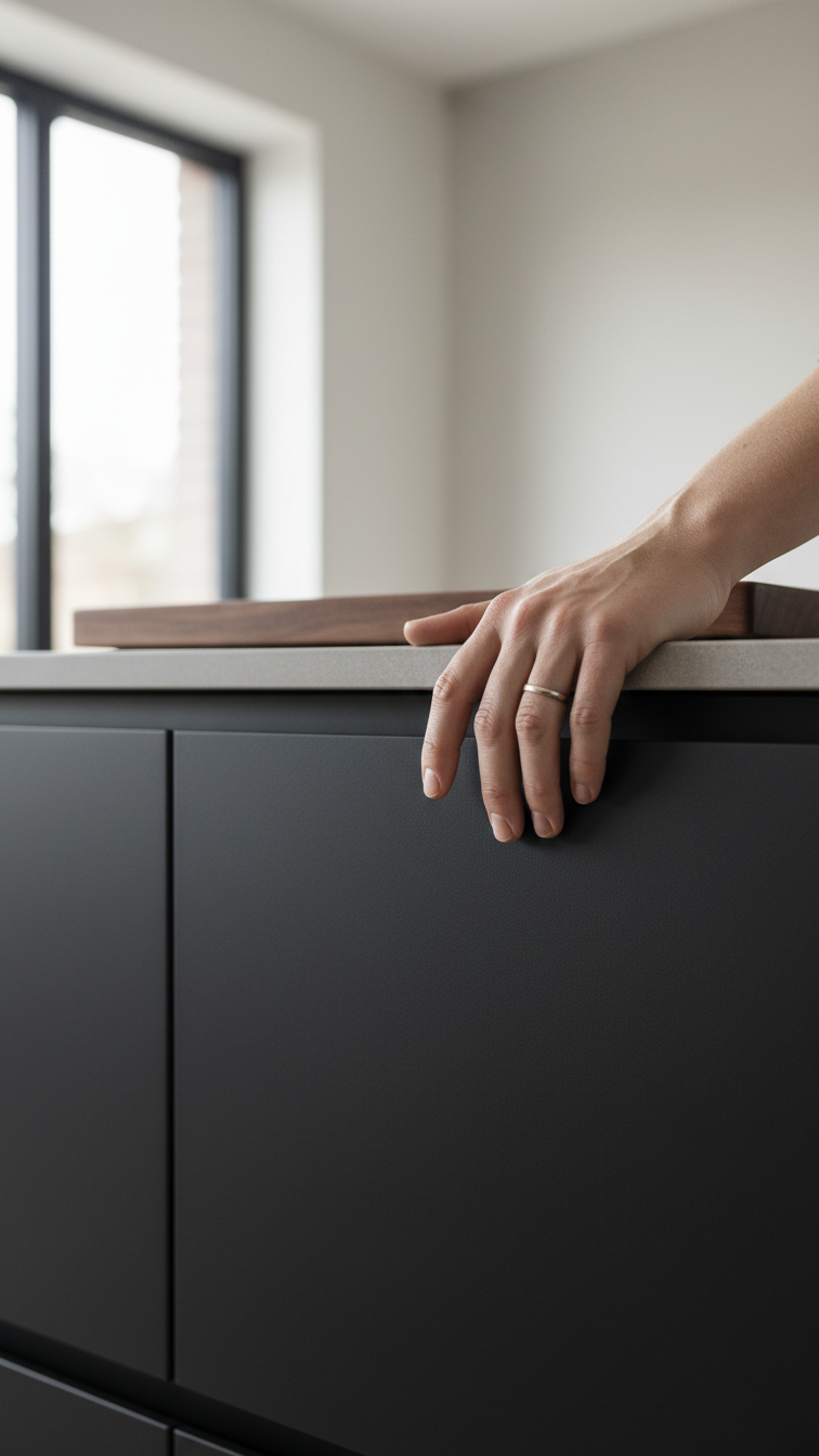 Modern Handleless Kitchen Design: 11 Ideas For Seamless Style 11 Matte black handleless kitchen cabinet with anti-fingerprint Fenix finish, showing smooth texture and elegant design.