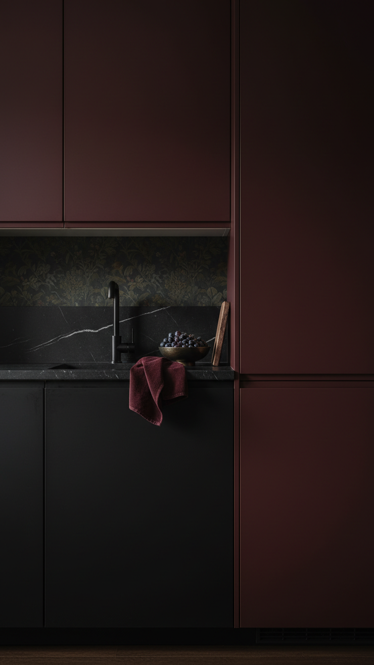 Moody Two Tone Kitchen Cabinets: 9 Essential Design Ideas 9 Matte black lower cabinets, deep burgundy red uppers, black soapstone countertop, dark metal accents, creating a dramatic kitchen interior design.