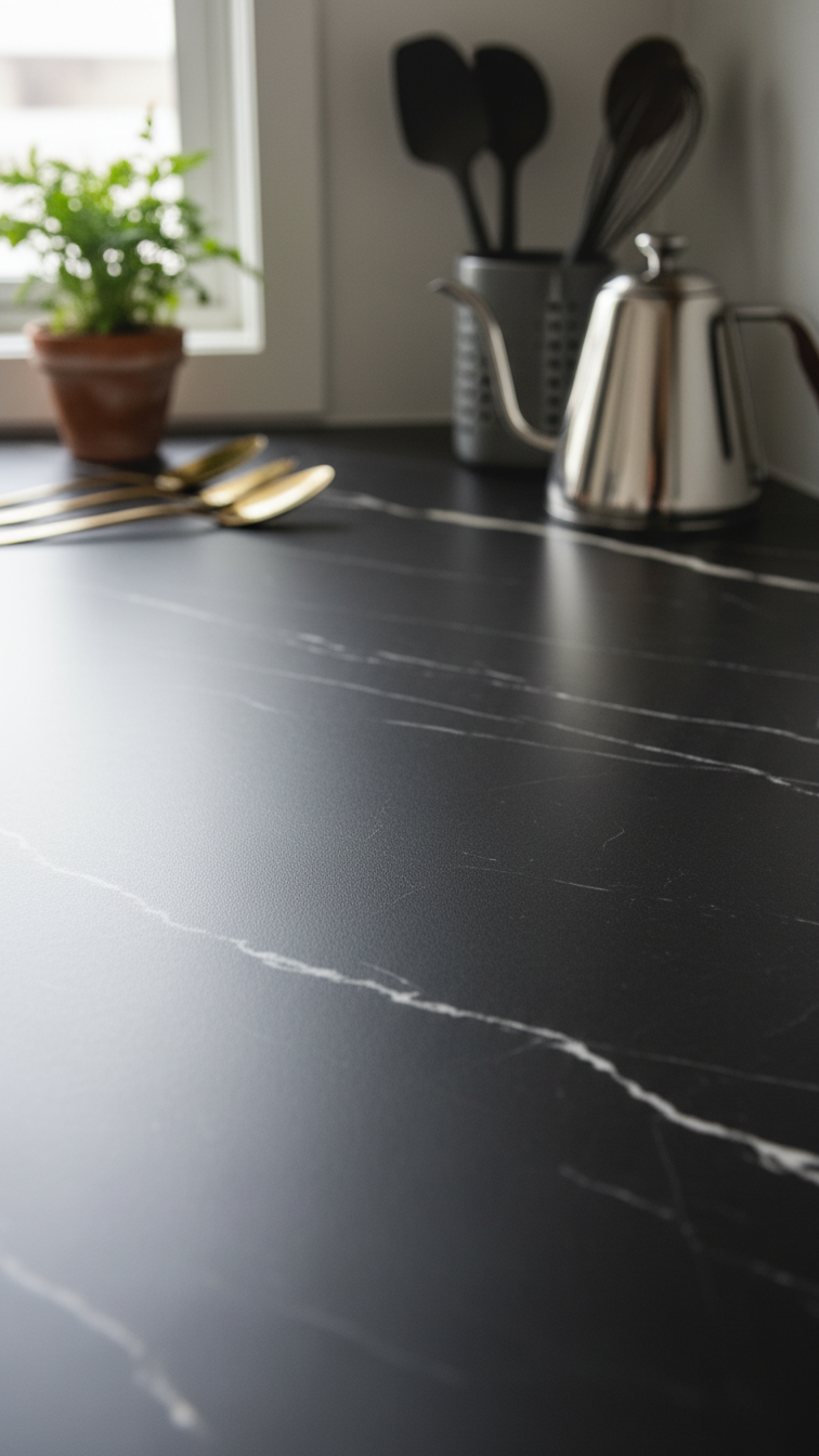 Matte black marble-look peel-and-stick countertop with realistic white veining. Kitchen essentials, small plant, elegant utensils.