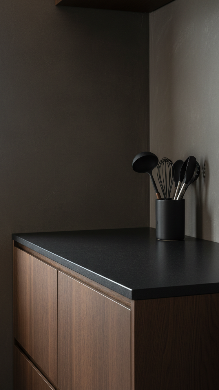 Matte black stone countertop sharply contrasting with rich dark oak cabinets in an elegant Japandi kitchen design, clean lines.