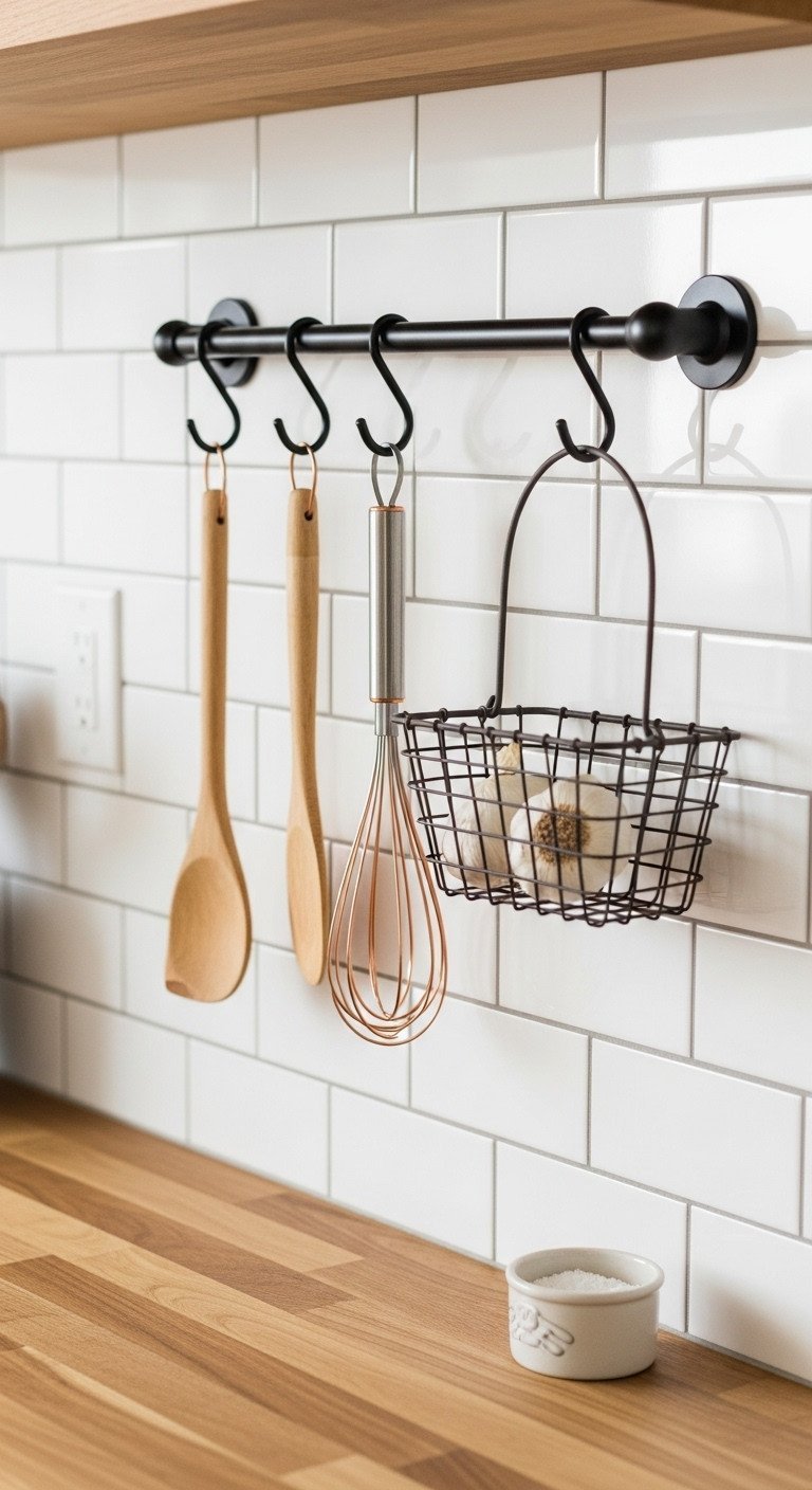 Matte black utensil rail on a white subway tile backsplash in a modern farmhouse kitchen, holding a wooden spoon and copper whisk.