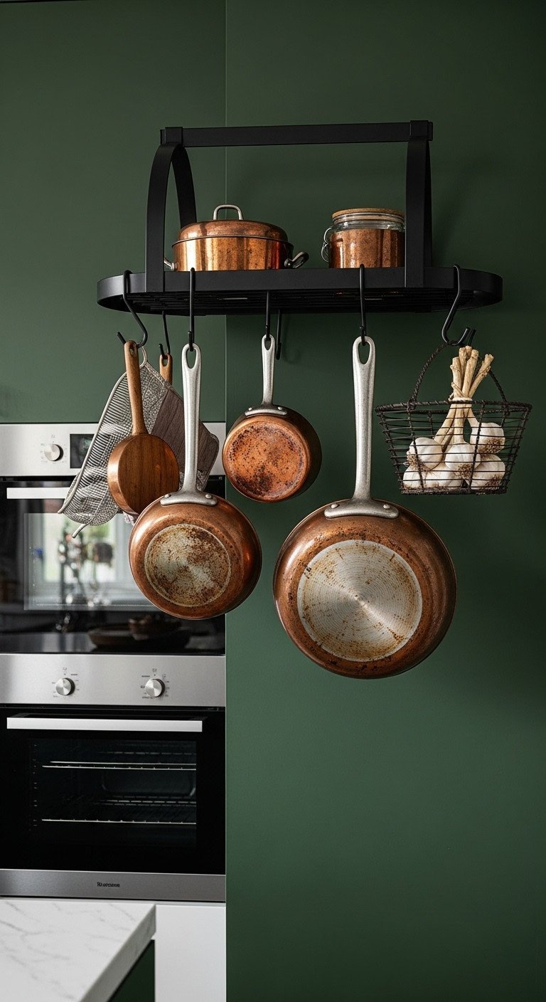 11 Smart Empty Kitchen Wall Ideas For Style And Storage 5 Matte black wall-mounted pot rack with hanging copper pots and pans against a dark green kitchen wall in warm lighting.