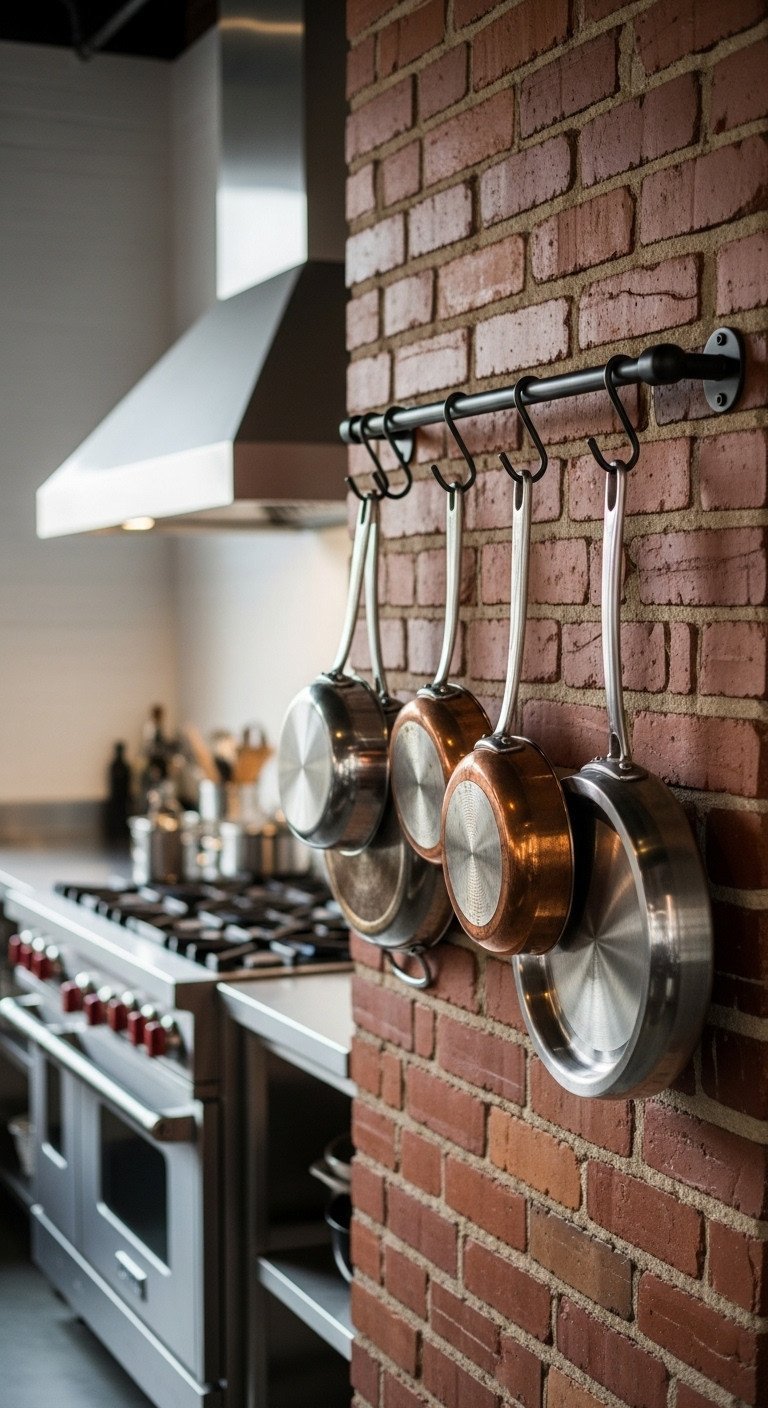 Matte black wall pot rack with hanging copper and stainless steel cookware mounted on an industrial-style exposed red brick wall.