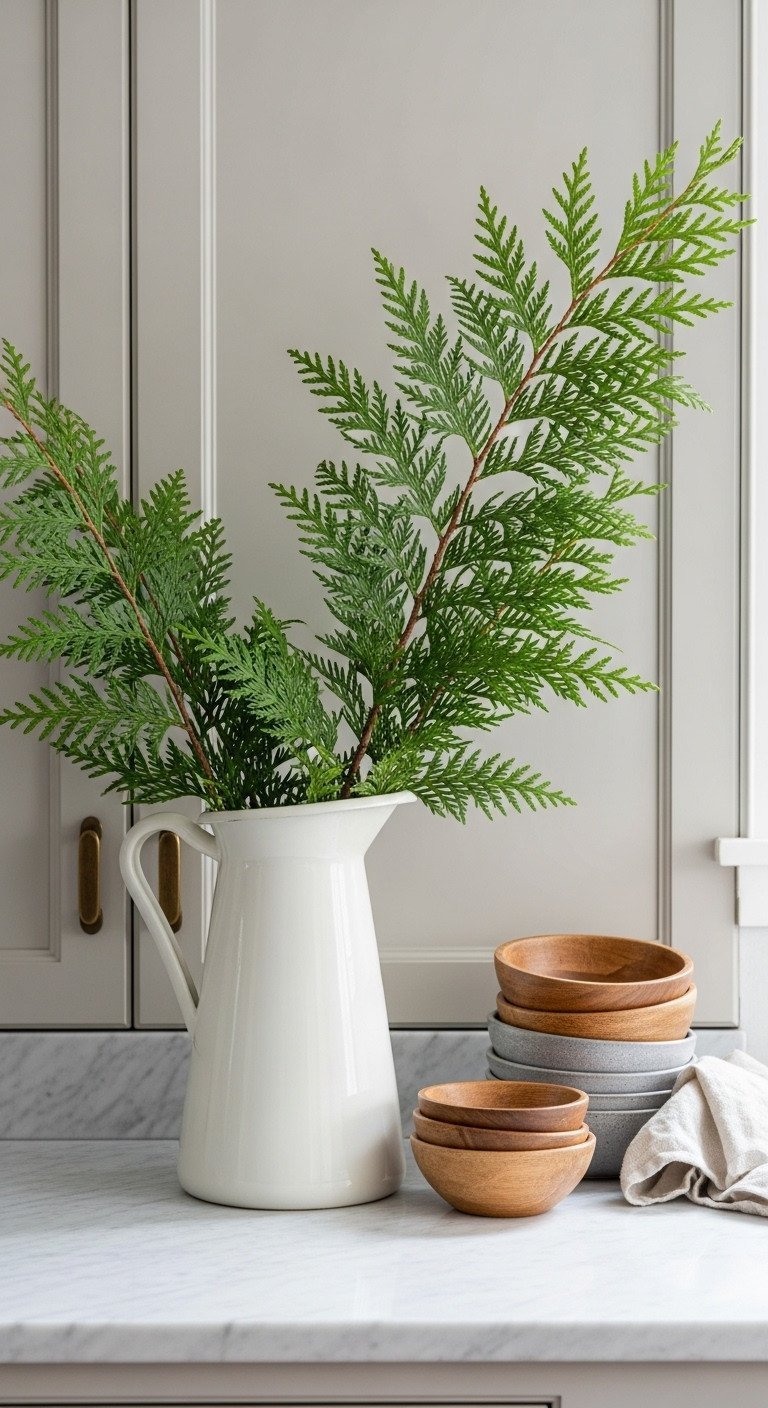 Matte ceramic pitcher with dramatic cedar branches and wooden bowls on a marble kitchen counter vignette. Serene decor.