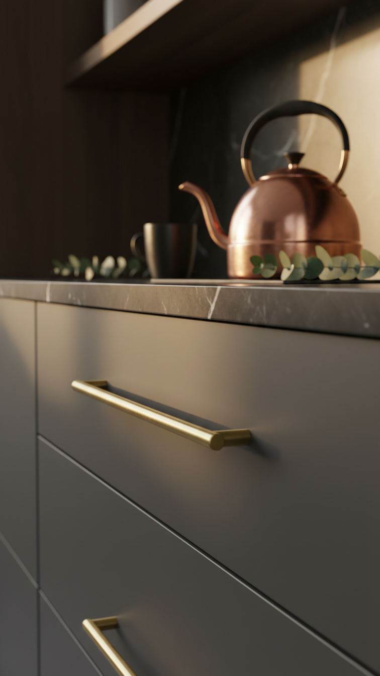 Matte charcoal gray kitchen cabinet with brass pull and copper tea kettle on marble counter, featuring warm metallic accents and luxury.