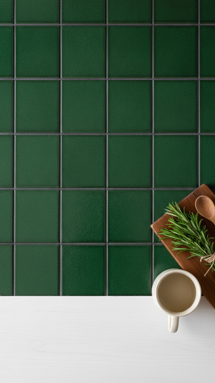 Matte forest green square tile backsplash with dark grout lines creates an earth-toned kitchen feel with white oak countertop.