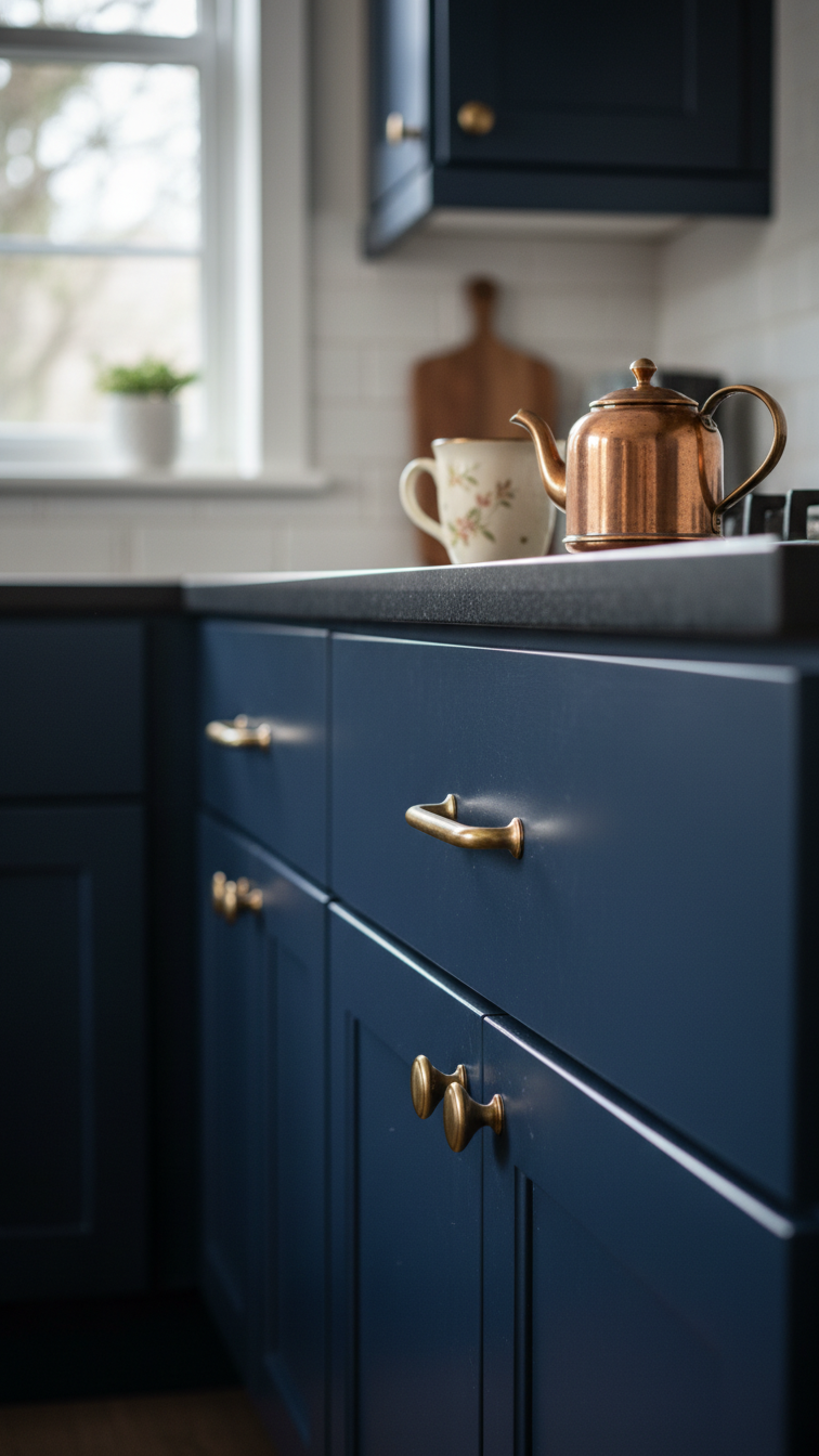 Matte navy blue shaker kitchen cabinets with aged brass hardware and elegant copper teapot under natural light, sophisticated kitchen design.