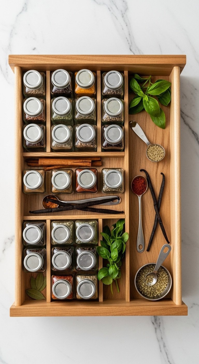 7 Genius Christmas Kitchen Restock Ideas For Cozy Hosts 7 Meticulously organized spice drawer with uniform glass jars of fresh spices, alphabetically arranged in a wooden insert.