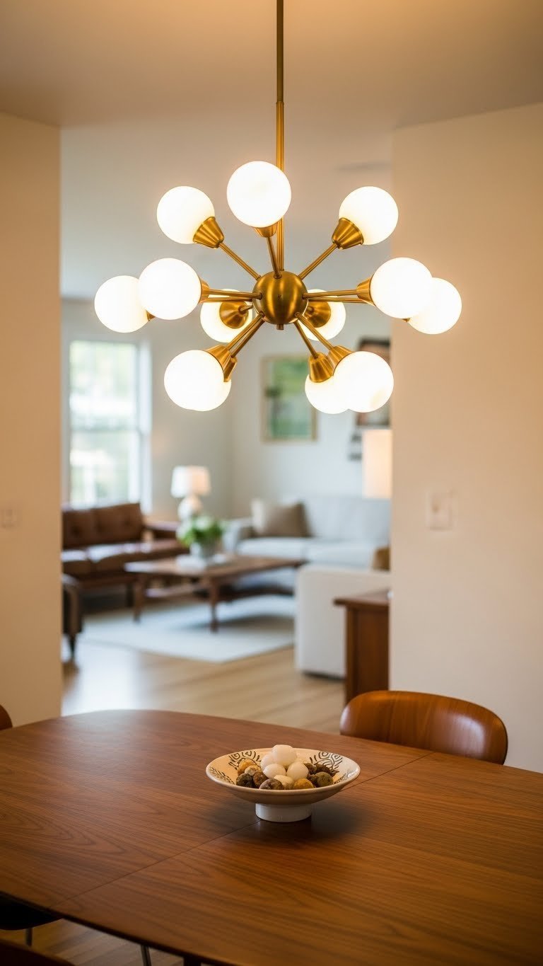Mid-century modern Sputnik chandelier, brass & opal glass, illuminates Saarinen dining table with chairs. Elegant vintage lighting.